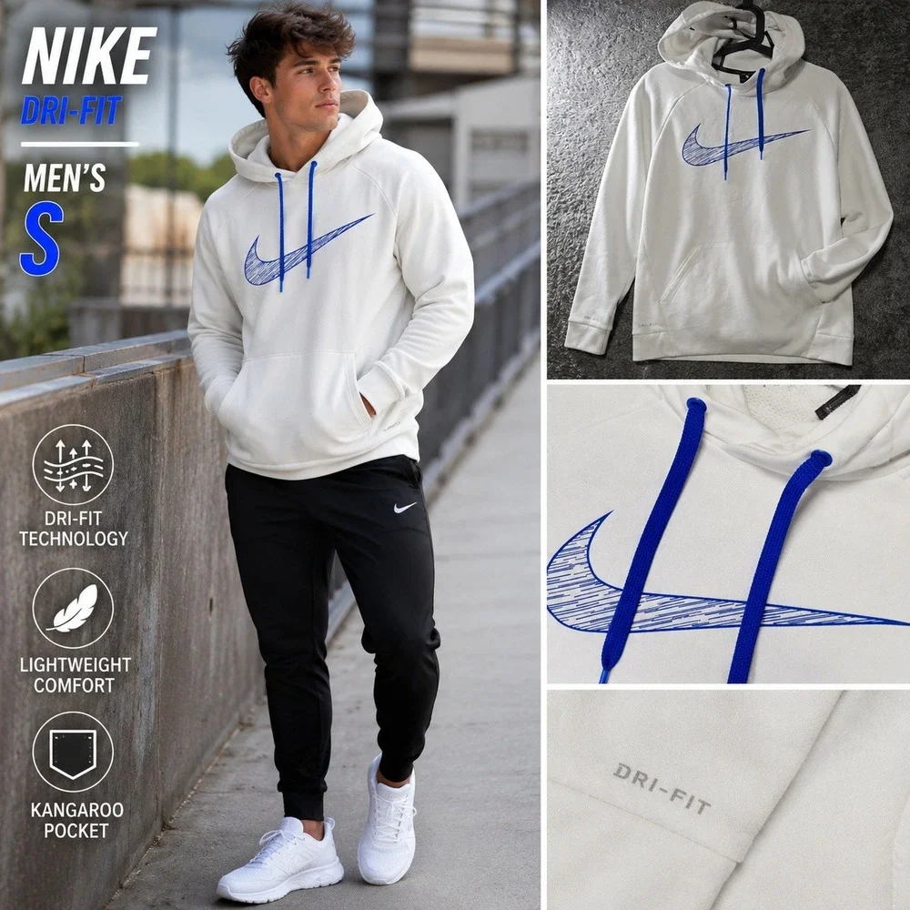 Nike Dri-FIT Mens Training Hoodie White Blue Graphic Swoosh Sweatshirt Small